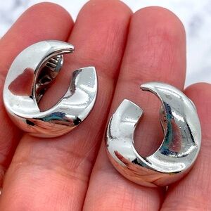 Vintage Monet Silver Tone Clip On Earrings Open Circle Swirl Design